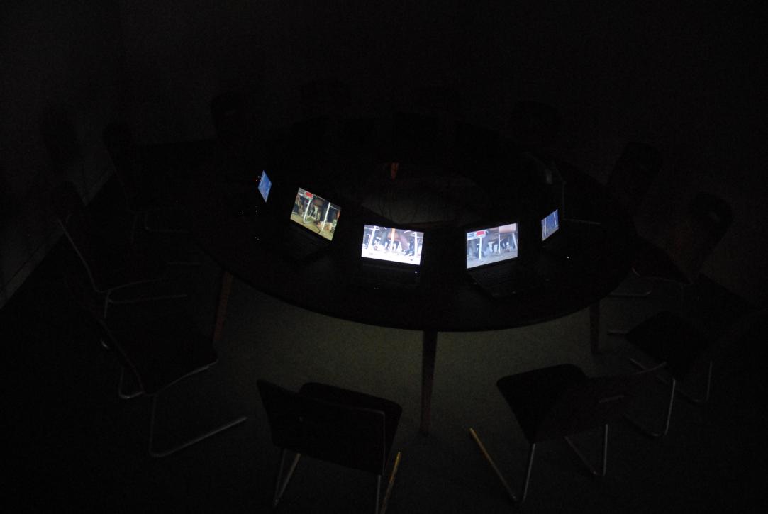 Laces/Table, chairs, installation with 12 channel video/Giardini della Biennale, Israeli Pavillon