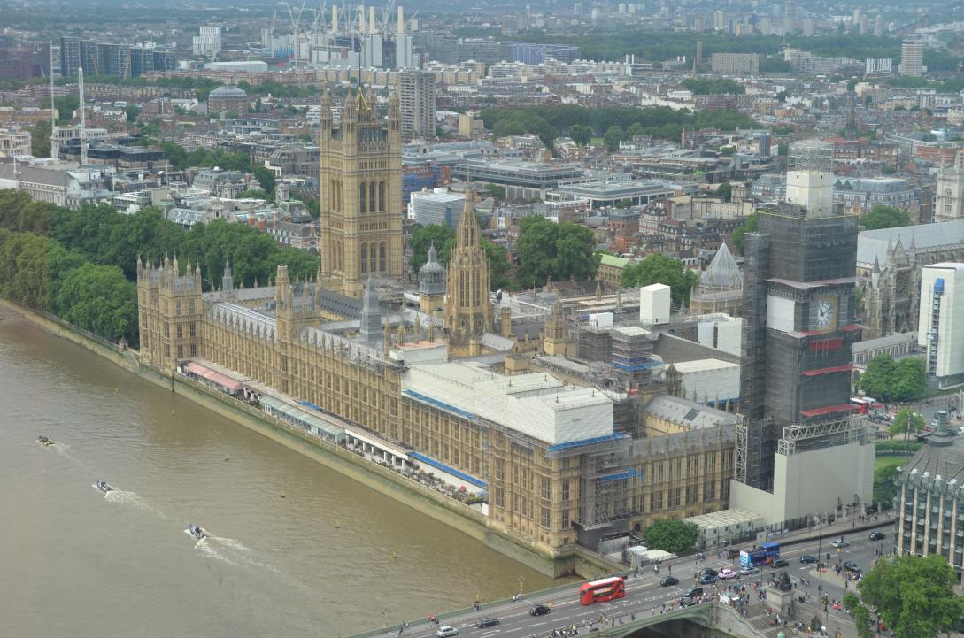 Houses of Parliament and Big Ben/Westminster Bridge end/from London Eye
