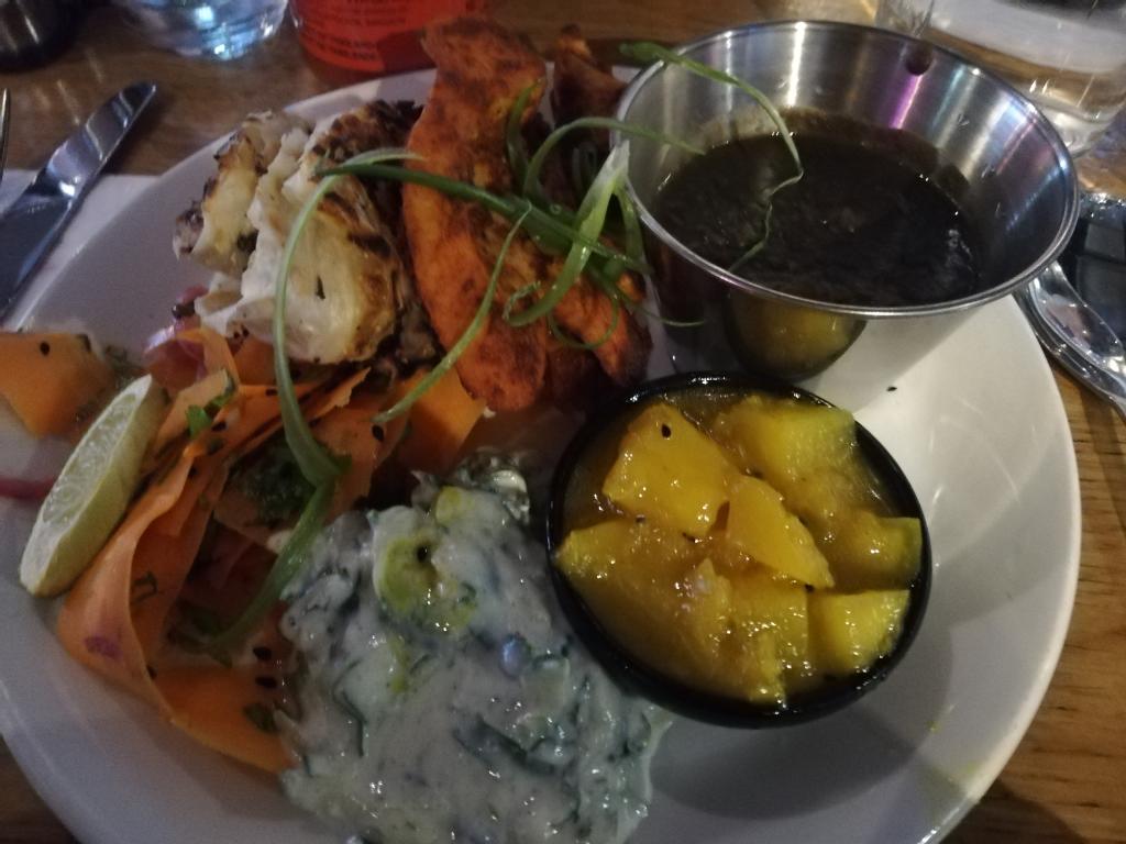 Tandoori chick’n, mock chicken, black dahl, roti, raita, house-made mango chutney, lime, carrot and nigella seed salad//Mildreds