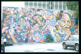 USA 1990/Atlanta, GA/peace activists quilt mural on AFSC wall/